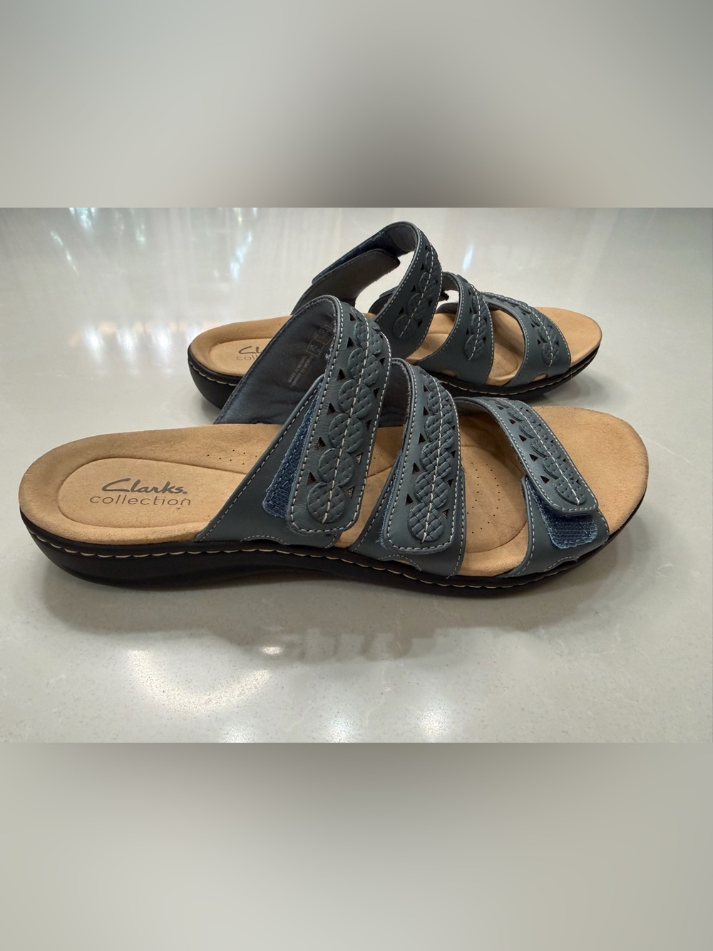 Clarks Collection Laurieann Cove Blue Gray Leather Sandals Size 10